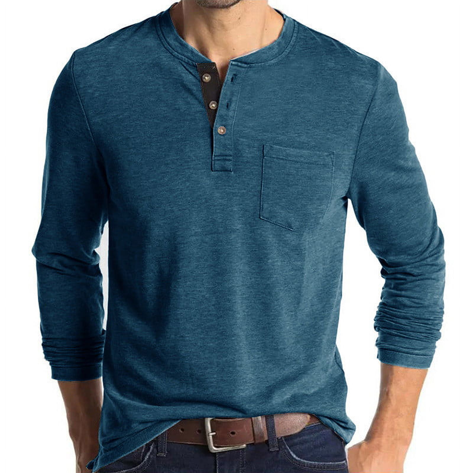 Men's Long Sleeves Henley Shirts Regular Fit Button Down Casual Cotton ...