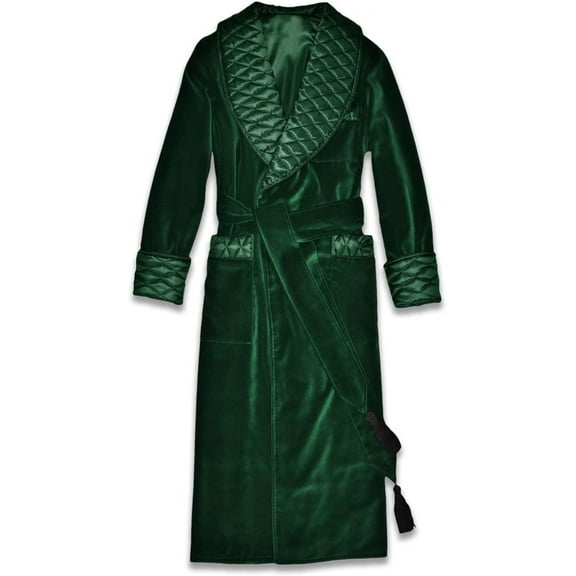 Men's Long Smoking Jacket Green Velvet Robe Quilted Robe Dressing Gown 