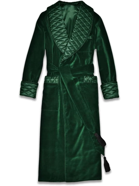 Men's Long Smoking Jacket Green Velvet Robe Quilted Robe Dressing Gown 