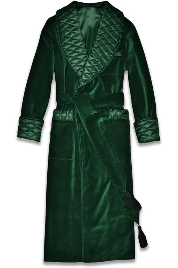 Men's Long Smoking Jacket Green Velvet Robe Quilted Robe Dressing Gown