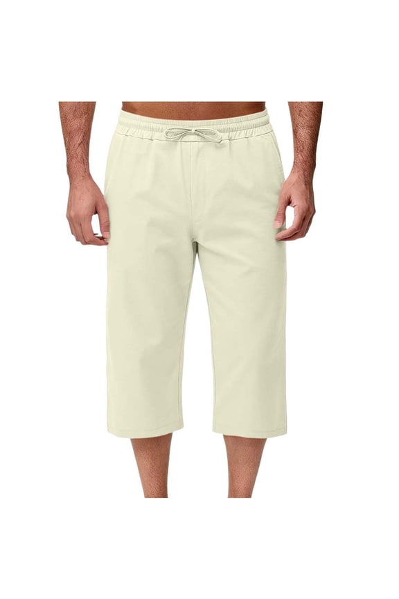 Men's Long Sweat Shorts Cotton Below Knee Capris with Pockets Drawstring Elastic Waistband Straight Leg Capri Pants Size 3XL Beige