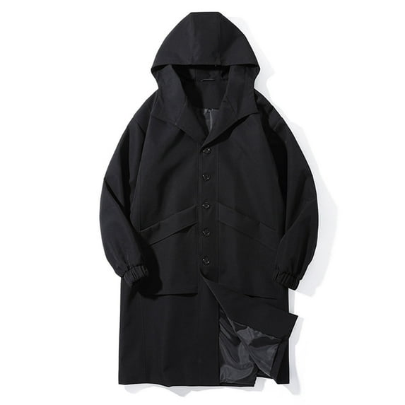 Men's Long Trench Coat Hooded Casual Single Breasted Outerwear with Large Pockets for Daily Wear Outdoor Activity (XXL, Black)