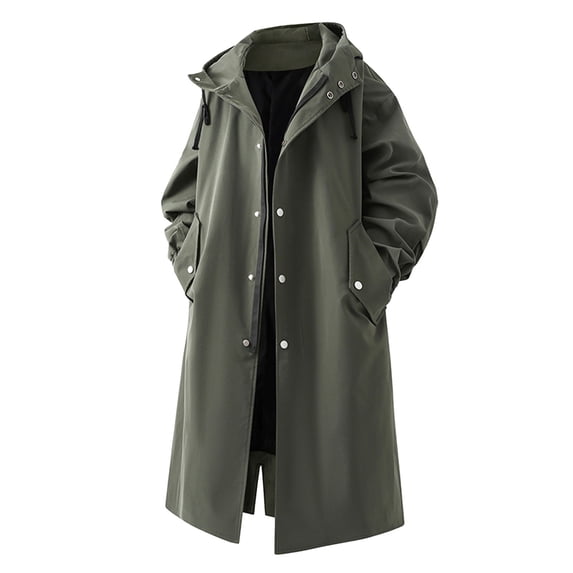Men’s Long Trench Coat With Hood Winter Casual Fashion Outdoor Windbreaker Jackets for Men Army Green XL