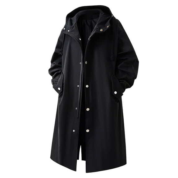 Men’s Long Trench Coat With Hood Winter Casual Fashion Outdoor Windbreaker Jackets for Men Black XL