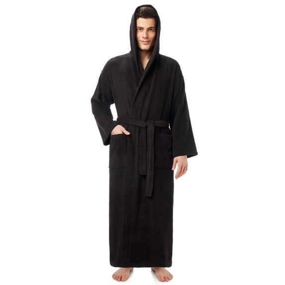 Men's Long Turkish Cotton Hooded Bathrobe Black - L-XL