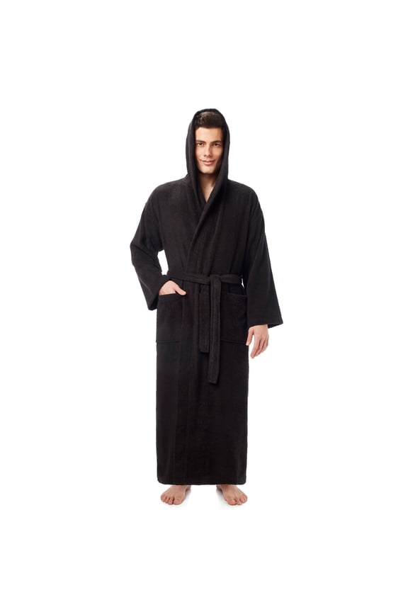Men's Long Turkish Cotton Hooded Bathrobe Black - XXL
