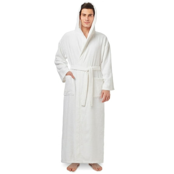 Men's Long Turkish Cotton Hooded Bathrobe White - XXL