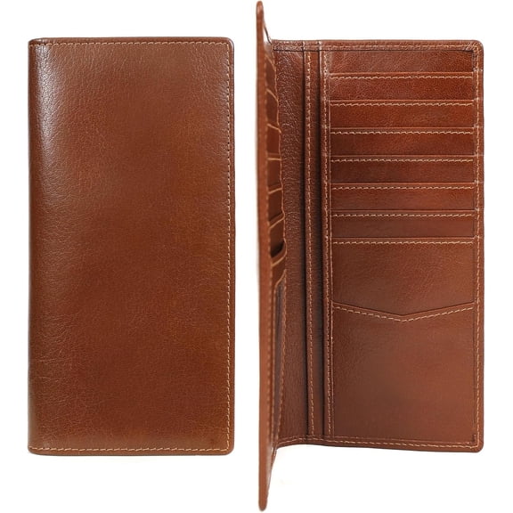 Men's  Long Wallet - RFID Blocking Rodeo Checkbook Wallet | Slim Western Bifold Wallet with 16 Card Slots, ID Window | Top Grain Leather Cowboy Wallet