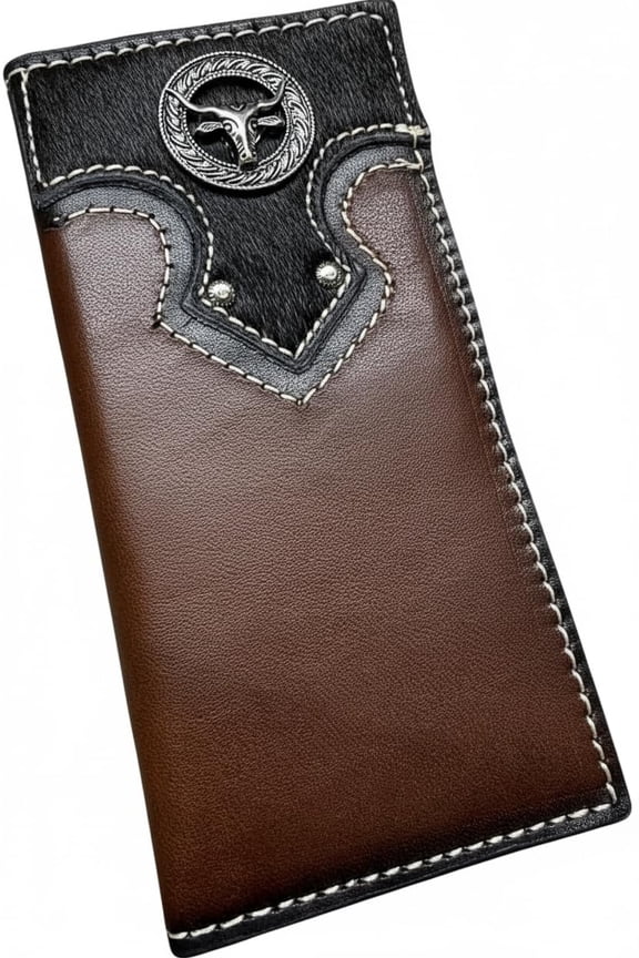 Mens Long Western Wallet - Cow Hair Inlay & Silver Longhorn Concho - Handcrafted Made in Mexico Leather Rodeo Checkbook Billfold Y101