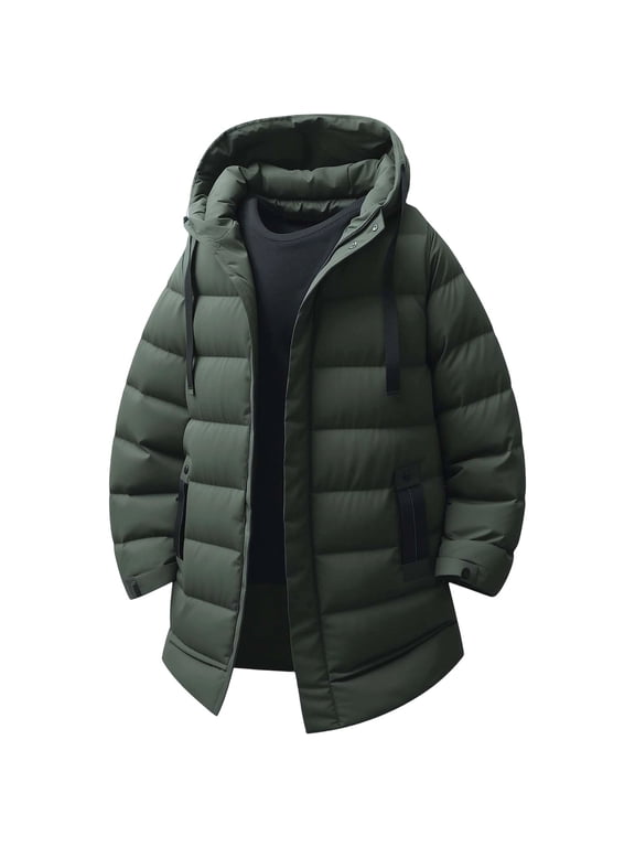 Men's Long Winter Coats Puffer Jacket with Hood Quilted Padded Jackets Army Green L