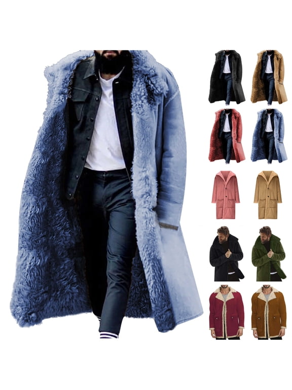 Men's Long Wool Overcoat Knee Length Faux Fur Fleece Thicken Warm Winter Trench Coat Peacoat Windbreaker Jacket Vintage Pea Coat