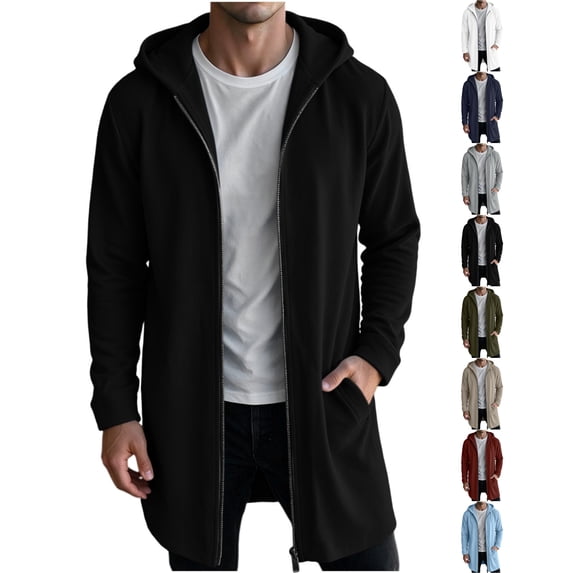 Men's Long Zip Up Hoodie,Casual Solid Color Winter Warm Hooded Sweatshirt,Athletic Long Jacket with Pockets