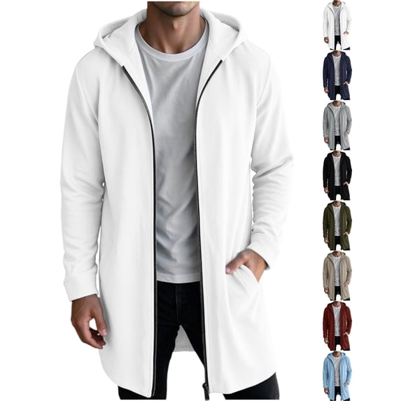 Men's Long Zip Up Hoodie,Casual Solid Color Winter Warm Hooded Sweatshirt,Athletic Long Jacket with Pockets