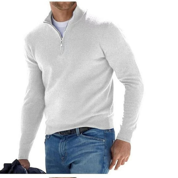Men's Long-sleeved V-neck Fleece Zip Casual Sweater Top Polo Shirt Solid Color Elastic Slim Warm Sweater