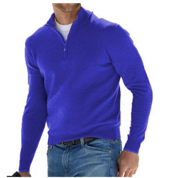 Men's Long-sleeved V-neck Fleece Zip Casual Sweater Top Polo Shirt Solid Color Elastic Slim Warm Sweater