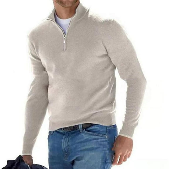 Men's Long-sleeved V-neck Fleece Zip Casual Sweater Top Polo Shirt Solid Color Elastic Slim Warm Sweater