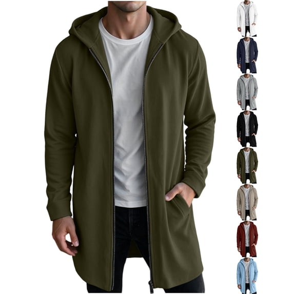 Men's Longline Zip Up Hoodie,Solid Color Full Zip Long Sweatshirt Jacket with Pockets,Warm Casual Coat for Fall Winter