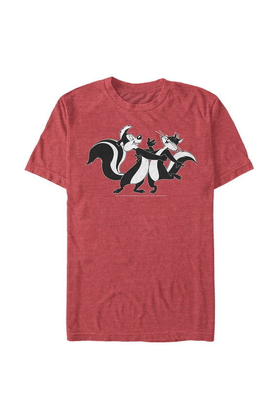 Men's Looney Tunes Pepé Le Pew and Penelope Dancing Graphic Tee Red Heather X Large