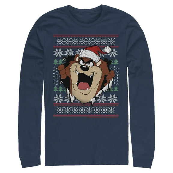 Men's Looney Tunes Taz Ugly Christmas Sweater Print  Long Sleeve Shirt