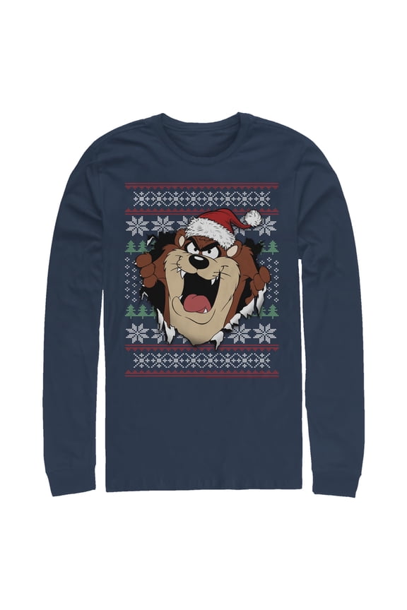 Men's Looney Tunes Taz Ugly Christmas Sweater Print  Long Sleeve Shirt