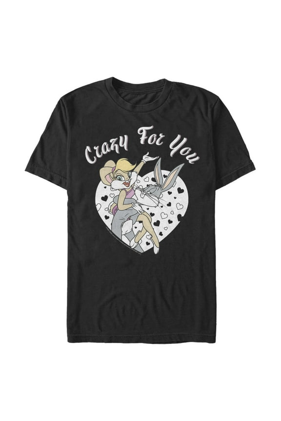 Men's Looney Tunes Valentine's Day Bugs Bunny and Lola Bunny Crazy for You Graphic Tee Black Large