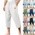 thumbnail image 1 of Men's Loose Capri Pants Elastic Waist Solid Color Drawstring Cotton Linen Pants with Pocket Casual Lounge Sleep, 1 of 5