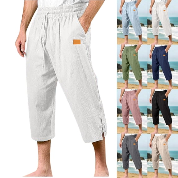 Men's Loose Capri Pants Elastic Waist Solid Color Drawstring Cotton Linen Pants with Pocket Casual Lounge Sleep