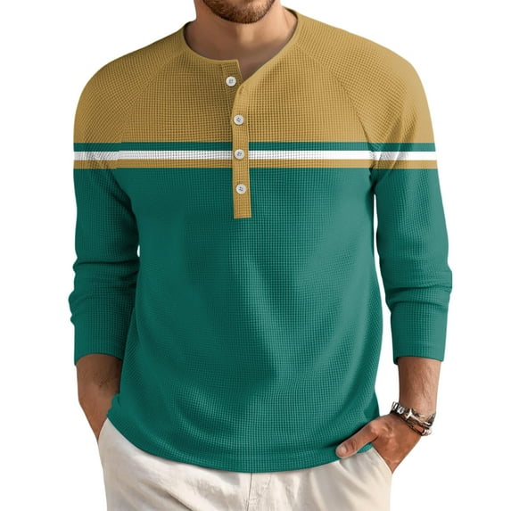 Men's Loose Casual Button Down Collar Long Sleeve Top with Color Block Striped Print Henry Shirt, Comfort Fit for Everyday and Casual Use,Dark Green,XL