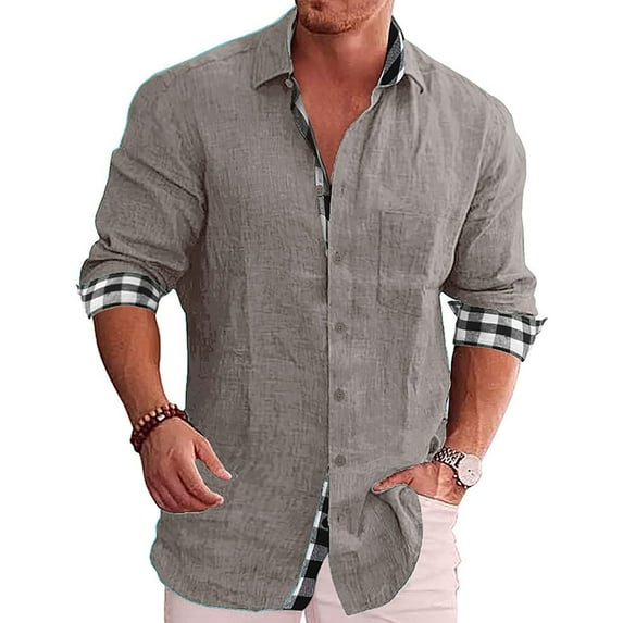Men's Loose Casual Button-Up with Turn-Down Collar, Size XL Gray Long Sleeve Plaid Print Shirt