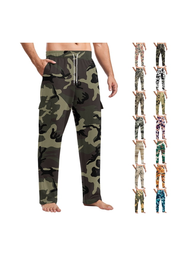 Men's Loose Casual Camouflage Print Multi-pocket Work Pants, Youth Stretch Waist Drawstring Trousers for Outdoor and Street Style,White,XL