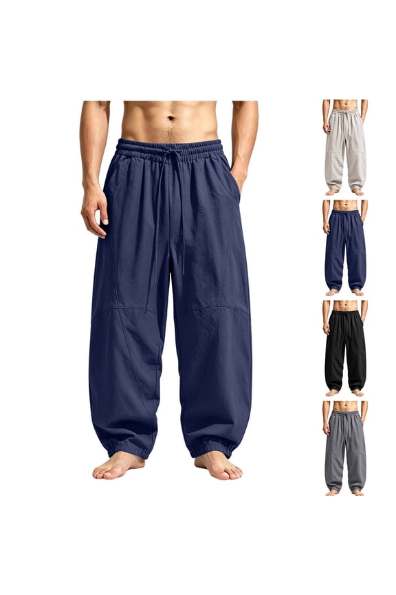Men's Loose Casual Hemp Blend Pants Comfortable Breathable Lightweight Straight Leg Drawstring Elastic Waist Everyday Work Daily Home Lounge Wear Street Style | Zenithor,Black L