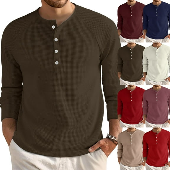 Men's Loose Casual Long Sleeve Button Down Collar Henley Top for Spring Fall Easy Style,Deep Red,XL