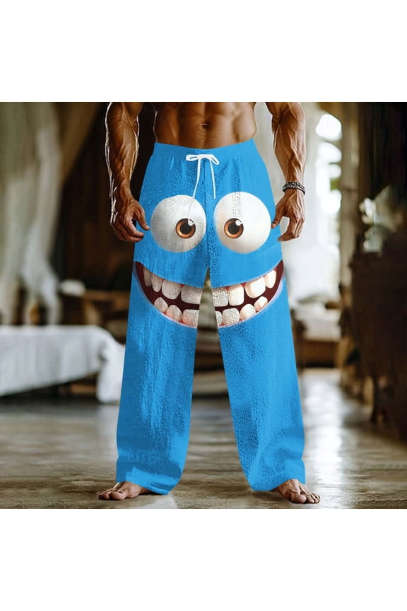 Men's Loose Casual Pants with Smiling Face Pattern, Mid Waist Elastic Drawstring, Outdoor Vacation & Home Wear, Pockets