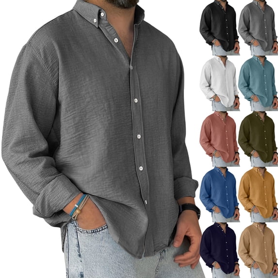 Men's Loose Classic Lapel Multi Pocket Button Down Long Sleeve Work Shirt for Spring Fall Industrial Style,Gray,2XL
