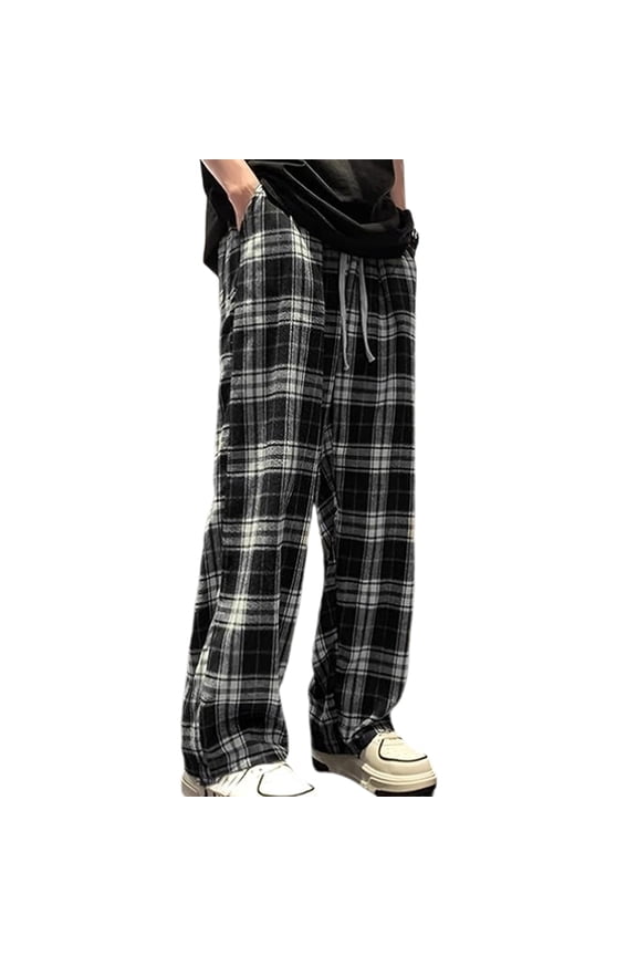 Men's Loose Comfortable Casual Fashion Tartan Print Wide Leg Pants With Drawstring Black L