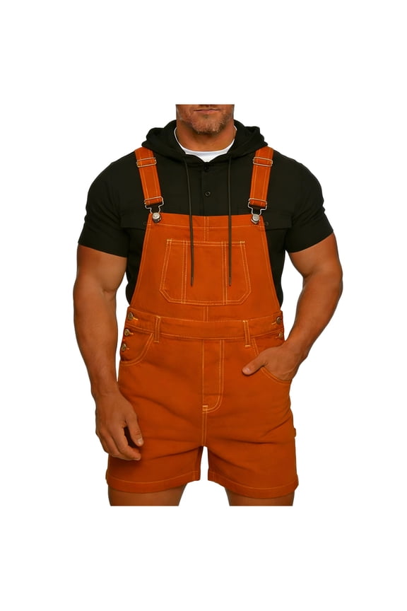 Men's Loose Cotton-Blend Bib Overall Shorts, Adjustable Shoulder Straps Multi-Pocket Denim Casual Summer Beach Rompers,Orange,L