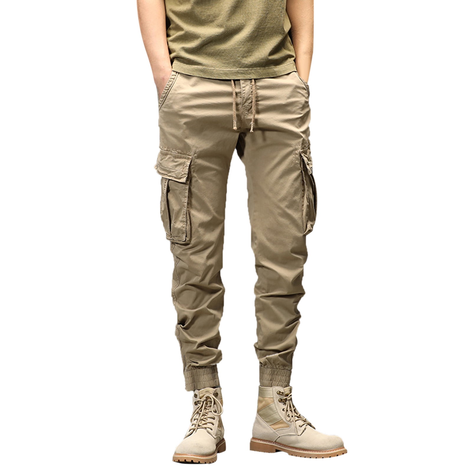 Men's Loose Cotton Pants - Elastic Waist, Pocket Detail, Solid