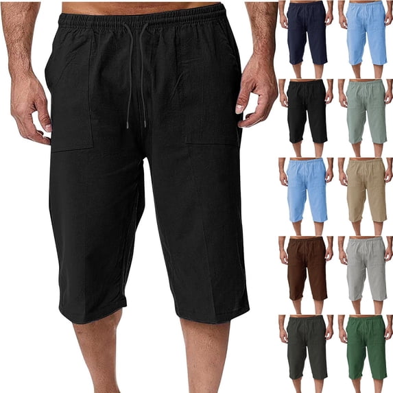 Men's Loose Fit 3/4 Length Linen Shorts, Drawstring Casual Trousers, Elastic Waistband Knee Length Pants, Breathable Lightweight Beachwork, Summer Essentials Outdoor | AKLJWH,Black L