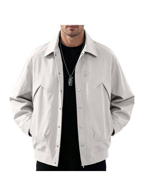 Men's Loose Fit Baseball Bomber Jacket, Lapel Collar Zip up Casual Sport Jacket, Lightweight Outdoor Windbreaker Long Sleeve Coat