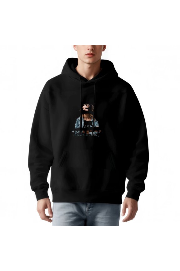 Men's Loose Fit Black Hoodie with Drawstring Front Pocket Featuring Bold ' PRIDE ' Graphic and Illustration of Person in Blue Jacket