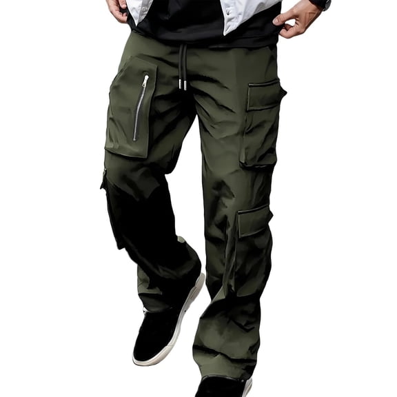 Men’s Loose Fit Cargo Pants with Multiple Pockets Drawstring Waistband Zipper Details Casual Straight Leg Trousers