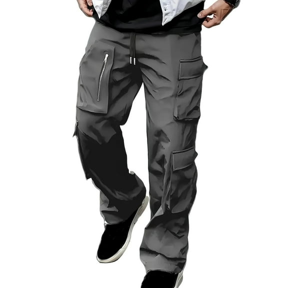 Men’s Loose Fit Cargo Pants with Multiple Pockets Drawstring Waistband Zipper Details Casual Straight Leg Trousers