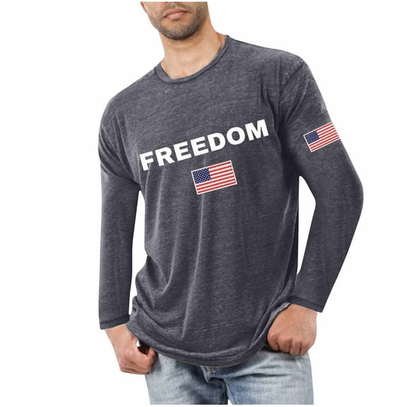 Men's Loose-Fit Casual Long Sleeve T-Shirt, Fashion Freedom Print Cotton Active Top for Men, Breathable and Comfortable, Gray ,XXXL