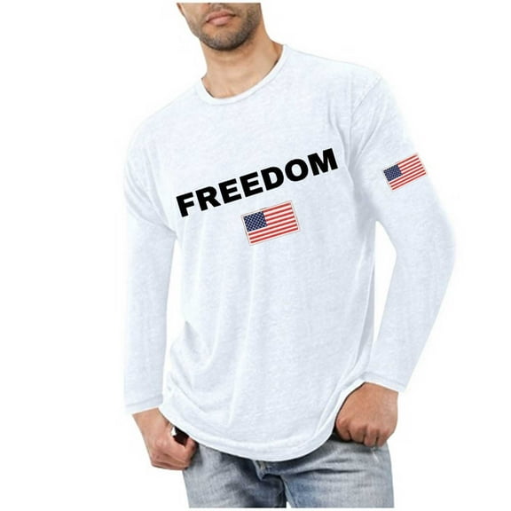 Men's Loose-Fit Casual Long Sleeve T-Shirt, Fashion Freedom Print Cotton Active Top for Men, Breathable and Comfortable, White ,XXXL