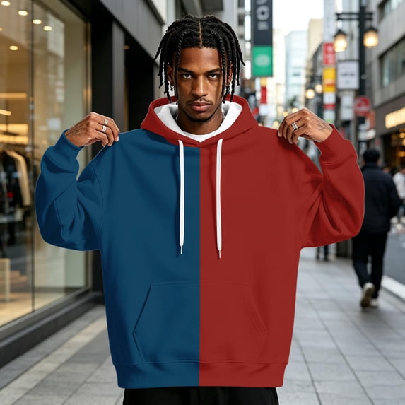 Men’s Loose Fit Color Block Pullover Hoodie, Contrast Split‑Tone Drawstring Hooded Sweatshirt, Casual Sport Top For Daily Outings And Light Outdoor Use