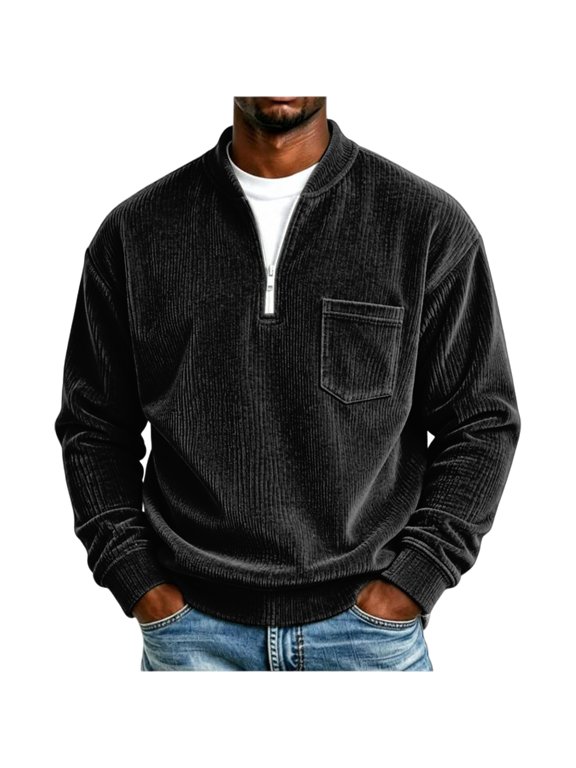 Men's Loose Fit Corduroy Quarter Zip Sweatshirt Stand Collar Long Sleeve Casual Pullover With Chest Patch Pocket For Daily Commute And Weekend Outings, M