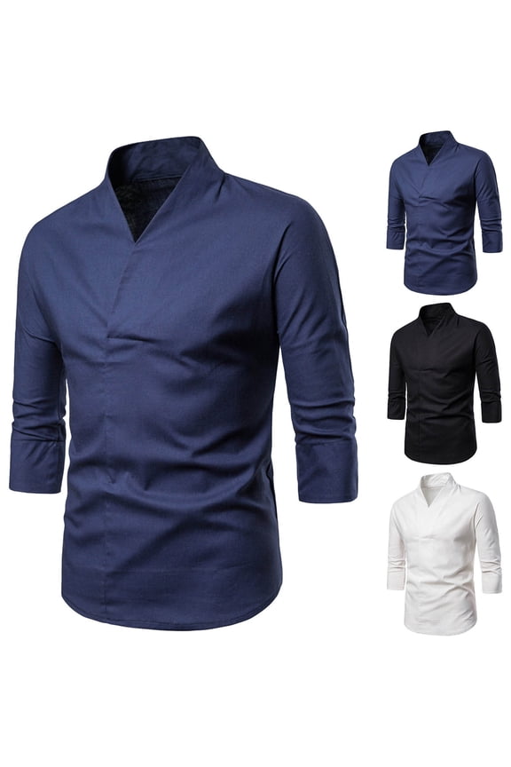 Men's Loose Fit Cotton Linen Shirt Top T-Shirt Quarter Sleeve Lapel Casual Daily Business Casual Modern Hanfu Style Fashion Essential | AESTIVO,Black 2XL