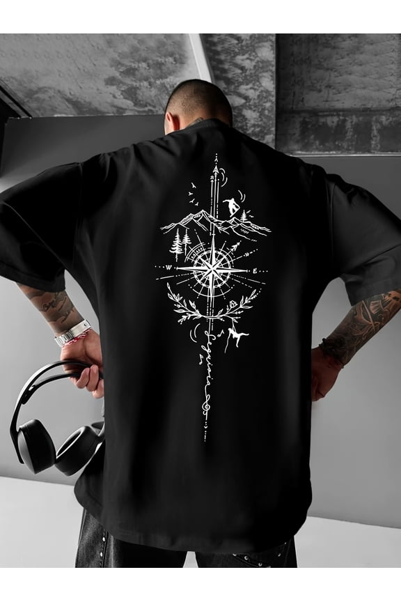 Men's Loose-Fit Graphic T-Shirt with Compass & Mountain Design - Street Style, Machine Washable, Summer Casual Wear for Adults, Comfortable Fashion | Breathable Fabric