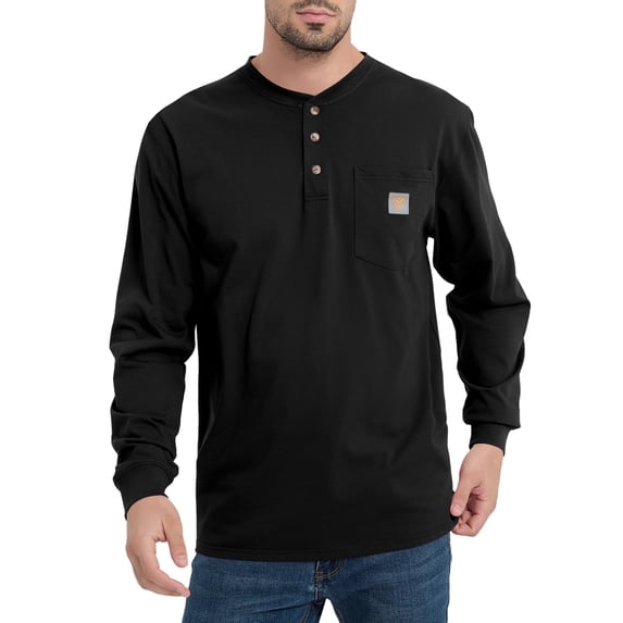 Men's Loose Fit Heavyweight Work Long Sleeve Henley T-Shirts Workwear Pocket Tee(Regular&Tall)