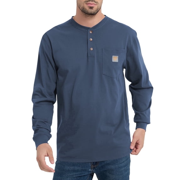 Men's Loose Fit Heavyweight Work Long Sleeve Henley T-Shirts Workwear Pocket Tee(Regular&Tall)